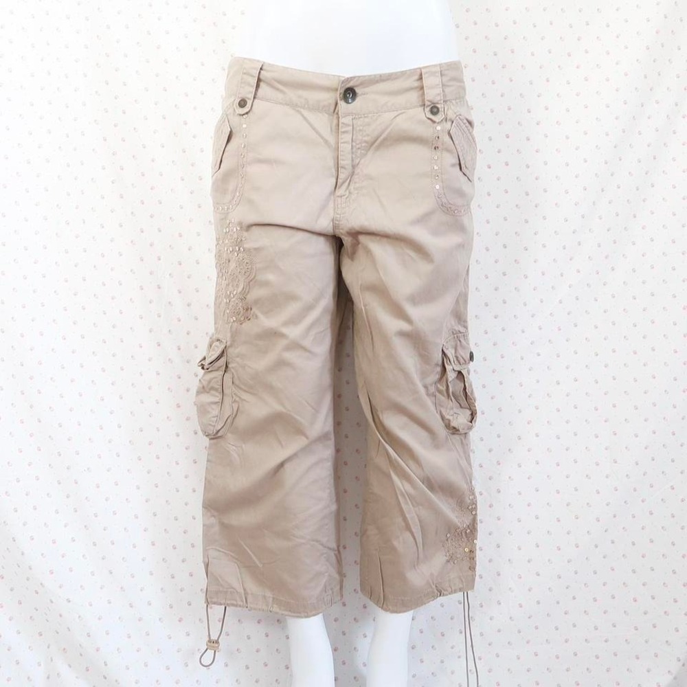 vintage y2k cargo capri pants sequin lace embellished khaki cropped pants